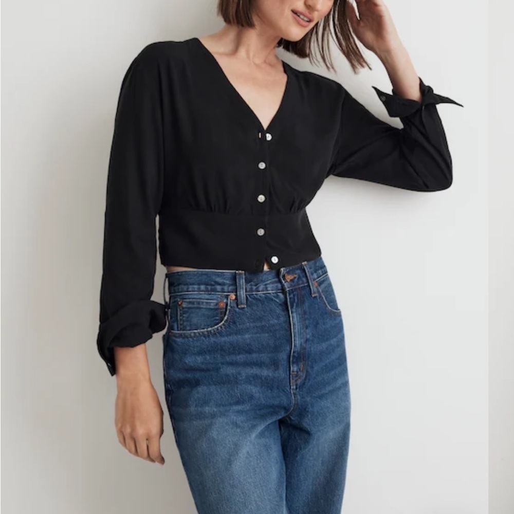 Madewell Black V-Neck Boxy Button Down Shirt